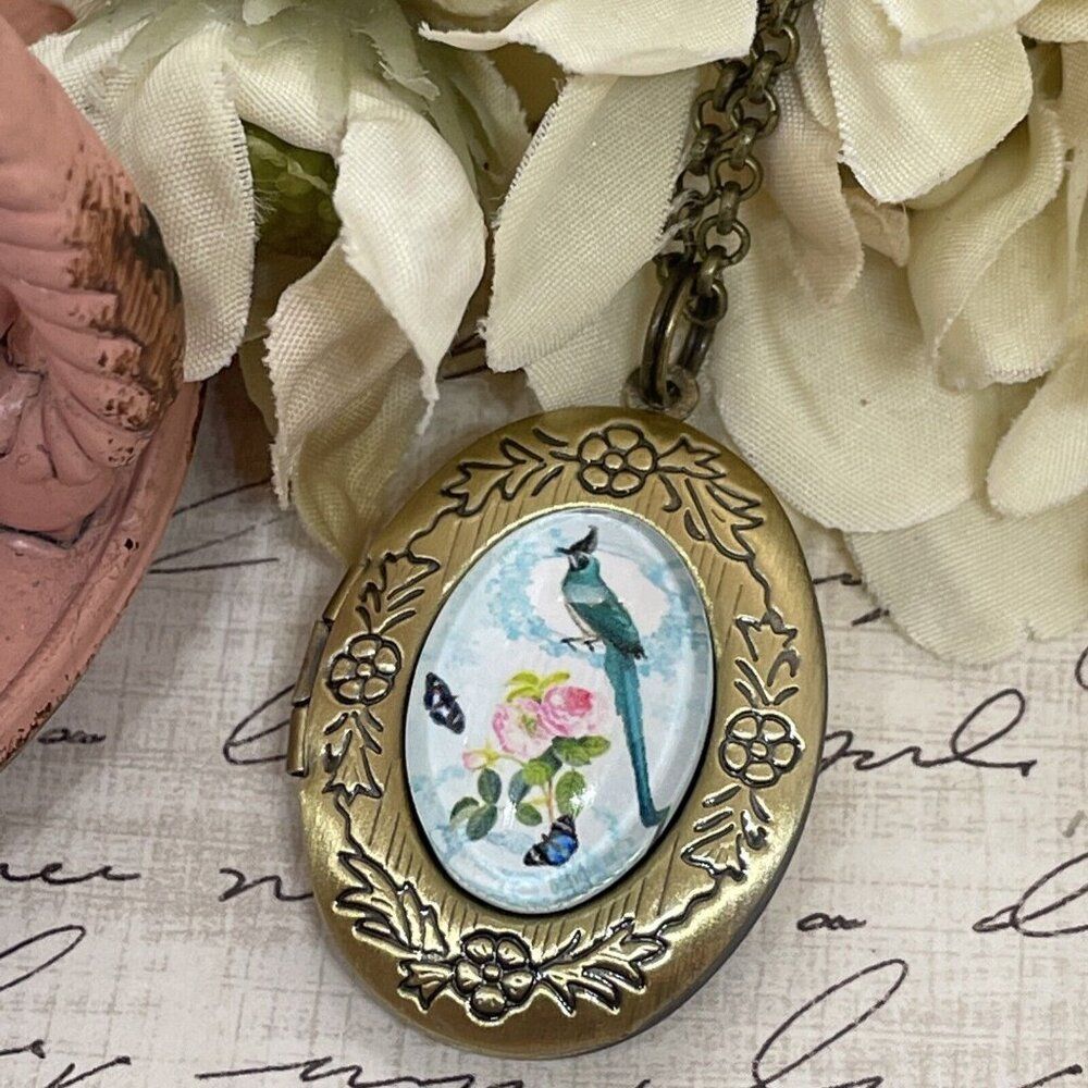 Bronze Easter Bird Jay Blue Butterfly Locket Necklace Pendant Wedding Mother Day 22$